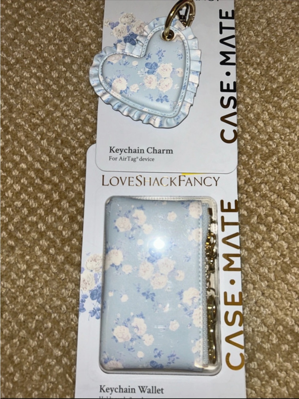 LoveShackFancy Light Blue Floral Keychain Wallet with Heart Charm AirTag holder